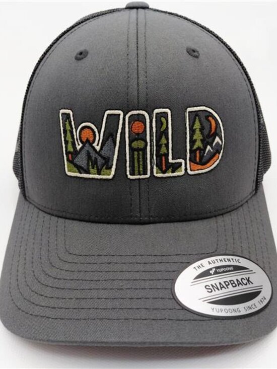 Handmade Accessories - Outdoors WILD Embroidered Yupoong Baseball Hat - Gray Cotton - USA Embroidered